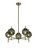 Gualtier 65cm Multi Height Pendant, 5 x G9, Antique Brass/Moss Green Glass