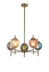 Gualtier 65cm Multi Height Pendant, 5 x G9, Antique Brass/Amber/Blue/Moss Green/Blush Pink/Smoke Glass