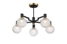 Erdi Semi Ceiling, 5 Light E14, Brass/Satin Black/Clear Round Textured Diamond Pattern Glass