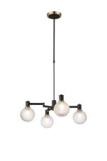 Erdi Telescopic Pendant, 4 Light E14, Brass/Satin Black/Clear Round Textured Diamond Pattern Glass