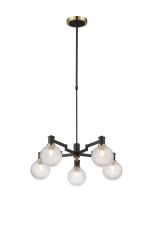 Erdi Telescopic Pendant, 5 Light E14, Brass/Satin Black/Clear Round Textured Diamond Pattern Glass