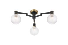 Erdi Flush Ceiling, 3 Light E14, Brass/Satin Black/Clear Round Textured Diamond Pattern Glass