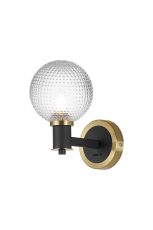 Erdi Wall Light 1 Light E14, Brass/Satin Black/Clear Round Textured Diamond Pattern Glass