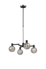 Erdi Swing Arm Telescopic Pendant, 4 Light E14, Satin Nickel/Satin Black/Smoke Plated Round Segment Glass