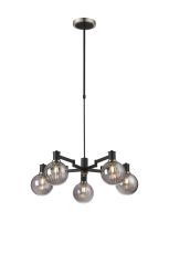 Erdi Telescopic Pendant, 5 Light E14, Satin Nickel/Satin Black/Smoke Plated Round Segment Glass