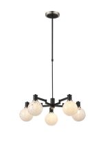 Erdi Telescopic Pendant, 5 Light E14, Satin Nickel/Satin Black/White Round Speckled Glass