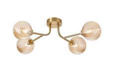 Gana Linear Semi Flush Ceiling, 4 Light G9, IP44, Brass Gold/Amber Ribbed Round Glass