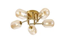 Gana 52cm Semi Flush Ceiling Round, 5 Light G9, IP44, Brass Gold/Amber Smooth Tubular Glass