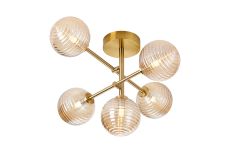 Gana Semi Flush Ceiling Tiered, 5 Light G9, IP44, Brass Gold/Amber Ribbed Round Glass