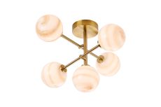 Gana Semi Flush Ceiling Tiered, 5 Light G9, IP44, Brass Gold/Brown Round Marble Effect Glass