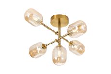 Gana Semi Flush Ceiling Tiered, 5 Light G9, IP44, Brass Gold/Amber Smooth Tubular Glass