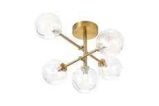 Gana Semi Flush Ceiling Tiered, 5 Light G9, IP44, Brass Gold/Clear Waved Round Glass