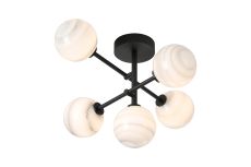 Gana Semi Flush Ceiling Tiered, 5 Light G9, IP44, Satin Black/Grey Round Marble Effect Glass