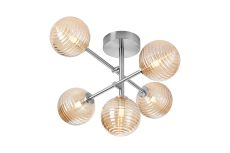 Gana Semi Flush Ceiling Tiered, 5 Light G9, IP44, Polished Chrome/Amber Ribbed Round Glass