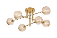 Gana Semi Flush Ceiling Tiered, 6 Light G9, IP44, Brass Gold/Amber Ribbed Round Glass