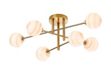 Gana Semi Flush Ceiling Tiered, 6 Light G9, IP44, Brass Gold/Brown Round Marble Effect Glass