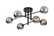 Gana Semi Flush Ceiling Tiered, 6 Light G9, IP44, Satin Black/Smoke Ribbed Round Glass