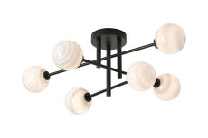 Gana Semi Flush Ceiling Tiered, 6 Light G9, IP44, Satin Black/Grey Round Marble Effect Glass