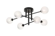 Gana Semi Flush Ceiling Tiered, 6 Light G9, IP44, Satin Black/Clear Cross Pattern Round Glass