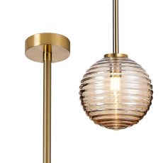 Gana 12cm Telescopic Pendant Kit, 1 Light G9, IP44, Brass Gold/Amber Ribbed Round Glass