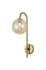 Gana Curved Arm Wall Light, 1 Light G9, IP44, Brass Gold/Amber Smooth Round Glass