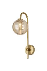 Gana Curved Arm Wall Light, 1 Light G9, IP44, Brass Gold/Amber Ribbed Round Glass