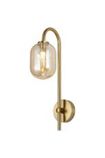 Gana Curved Arm Wall Light, 1 Light G9, IP44, Brass Gold/Amber Smooth Tubular Glass