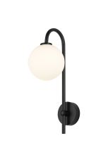 Gana Curved Arm Wall Light, 1 Light G9, IP44, Satin Black/Opal Smooth Round Glass