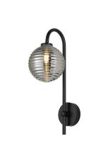 Gana Curved Arm Wall Light, 1 Light G9, IP44, Satin Black/Smoke Ribbed Round Glass