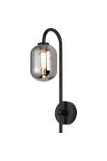 Gana Curved Arm Wall Light, 1 Light G9, IP44, Satin Black/Smoke Smooth Tubular Glass