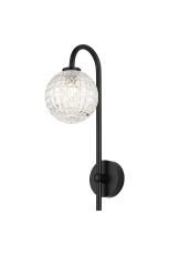 Gana Curved Arm Wall Light, 1 Light G9, IP44, Satin Black/Clear Cross Pattern Round Glass