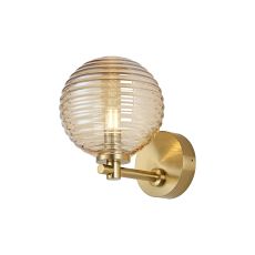 Gana Short Arm Wall Light, 1 Light G9, IP44, Brass Gold/Amber Ribbed Round Glass