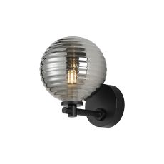 Gana Short Arm Wall Light, 1 Light G9, IP44, Satin Black/Smoke Ribbed Round Glass