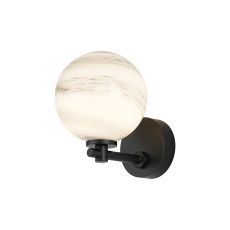 Gana Short Arm Wall Light, 1 Light G9, IP44, Satin Black/Grey Round Marble Effect Glass