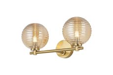 Gana Short Arm Wall Light, 2 Light G9, IP44, Brass Gold/Amber Ribbed Round Glass