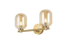 Gana Short Arm Wall Light, 2 Light G9, IP44, Brass Gold/Amber Smooth Tubular Glass