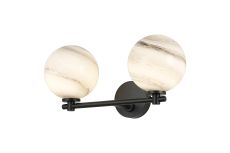 Gana Short Arm Wall Light, 2 Light G9, IP44, Satin Black/Grey Round Marble Effect Glass