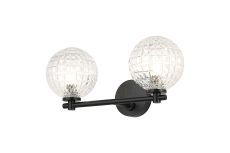 Gana Short Arm Wall Light, 2 Light G9, IP44, Satin Black/Clear Cross Pattern Round Glass