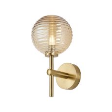 Gana Medium Arm Wall Light, 1 Light G9, IP44, Brass Gold/Amber Ribbed Round Glass