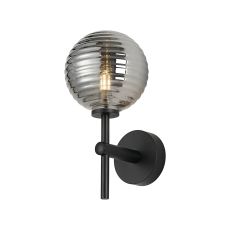 Gana Medium Arm Wall Light, 1 Light G9, IP44, Satin Black/Smoke Ribbed Round Glass