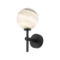 Gana Medium Arm Wall Light, 1 Light G9, IP44, Satin Black/Grey Round Marble Effect Glass