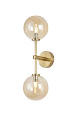 Gana Medium Arm Wall Light, 2 Light G9, IP44, Brass Gold/Amber Smooth Round Glass