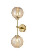 Gana Medium Arm Wall Light, 2 Light G9, IP44, Brass Gold/Amber Ribbed Round Glass