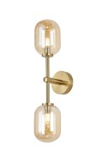 Gana Medium Arm Wall Light, 2 Light G9, IP44, Brass Gold/Amber Smooth Tubular Glass