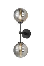 Gana Medium Arm Wall Light, 2 Light G9, IP44, Satin Black/Smoke Ribbed Round Glass