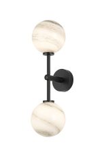 Gana Medium Arm Wall Light, 2 Light G9, IP44, Satin Black/Grey Round Marble Effect Glass