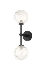 Gana Medium Arm Wall Light, 2 Light G9, IP44, Satin Black/Clear Cross Pattern Round Glass