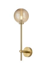 Gana Tall Arm Wall Light, 1 Light G9, IP44, Brass Gold/Amber Ribbed Round Glass