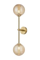 Gana Tall Arm Wall Light, 2 Light G9, IP44, Brass Gold/Amber Ribbed Round Glass