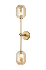 Gana Tall Arm Wall Light, 2 Light G9, IP44, Brass Gold/Amber Smooth Tubular Glass